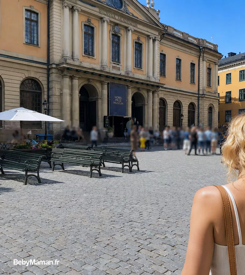 suede stockholm gamstan place pavee.bebymaman Place pavée de Gamla Stan à Stockholm avec le musée Nobel et son architecture historique