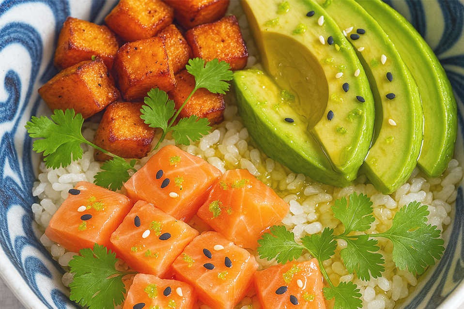 poke ball recette cuisine avocat saumon citron riz patate douce bebymama,