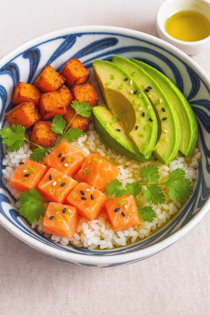 poke ball recette cuisine avocat saumon riz patate douce bebymama,