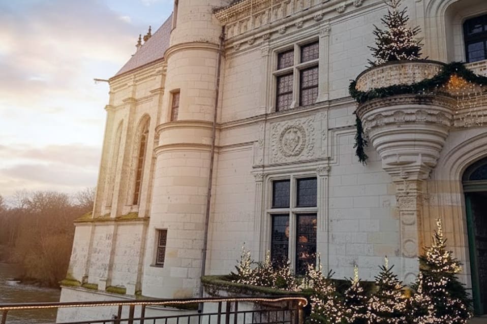 Château de Chenonceau décoré pour Noël, illuminations féeriques et architecture Renaissance au bord du Cher