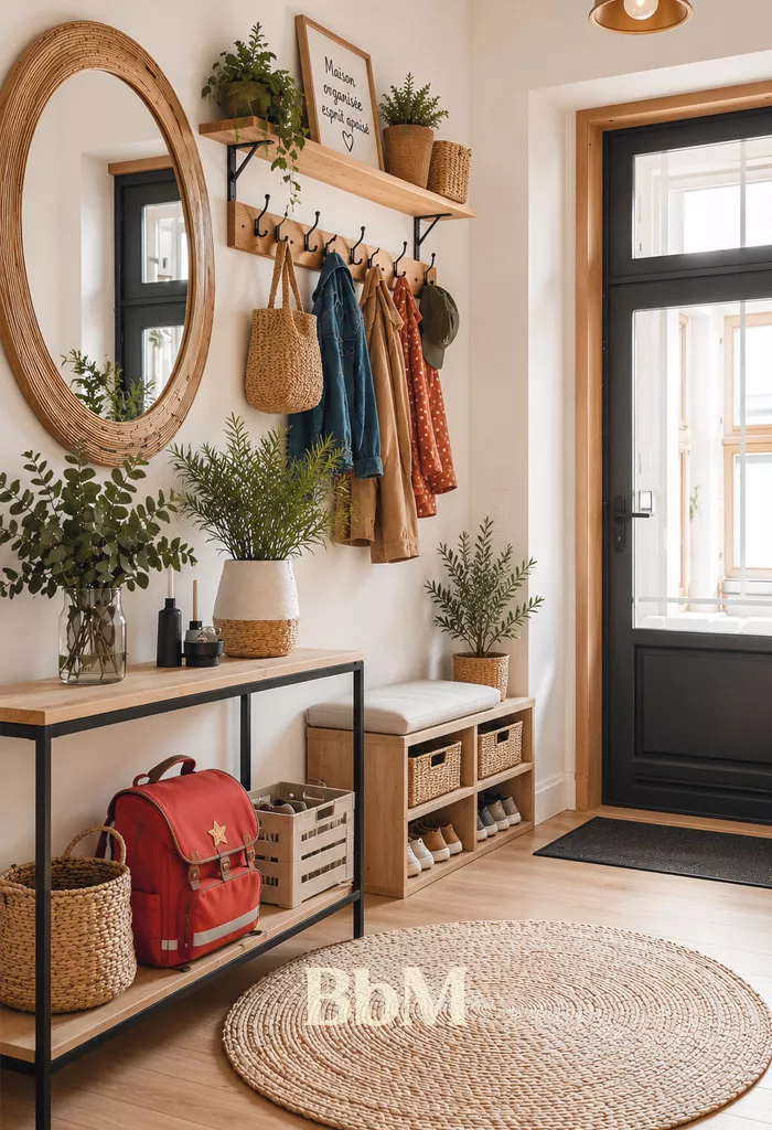 entree familiale organisee rangements chaussures cartable slo Entrée familiale organisée avec porte-manteaux, meuble à chaussures, cartable d'enfant rouge et rangements pratiques pour limiter le désordre du quotidien.