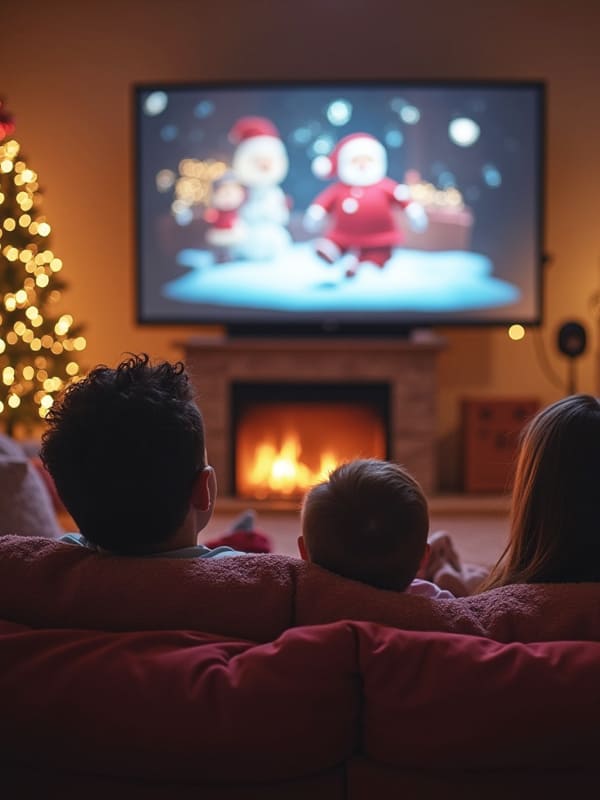 famille regarde film noel soiree cinema cocooning cosy bebymaman Famille réunie devant un film de Noël au coin du feu, soirée cocooning et rituel familial des fêtes