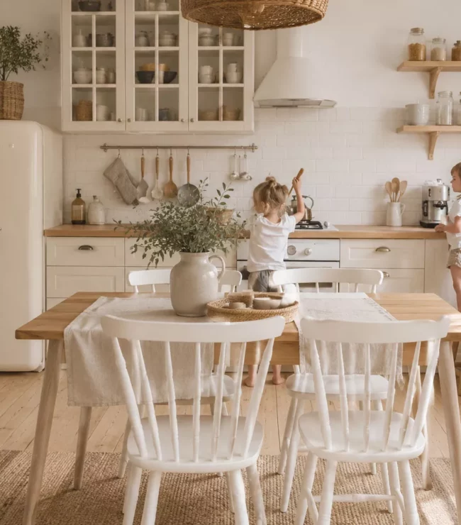 Cuisine familiale lumineuse de style campagne chic où trois enfants participent à la vie de la maison dans une ambiance slow living chaleureuse et organisée.