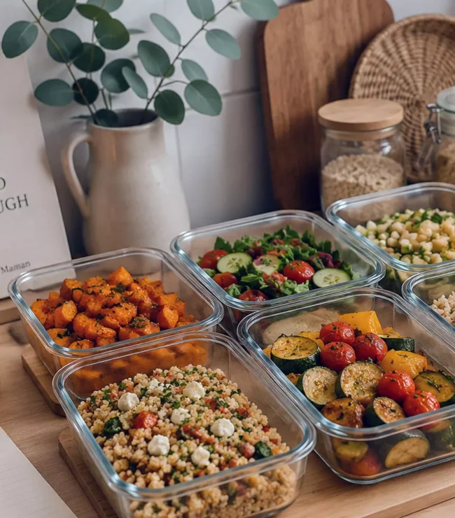 Batch cooking maison avec plats préparés dans une cuisine cosy et organisée