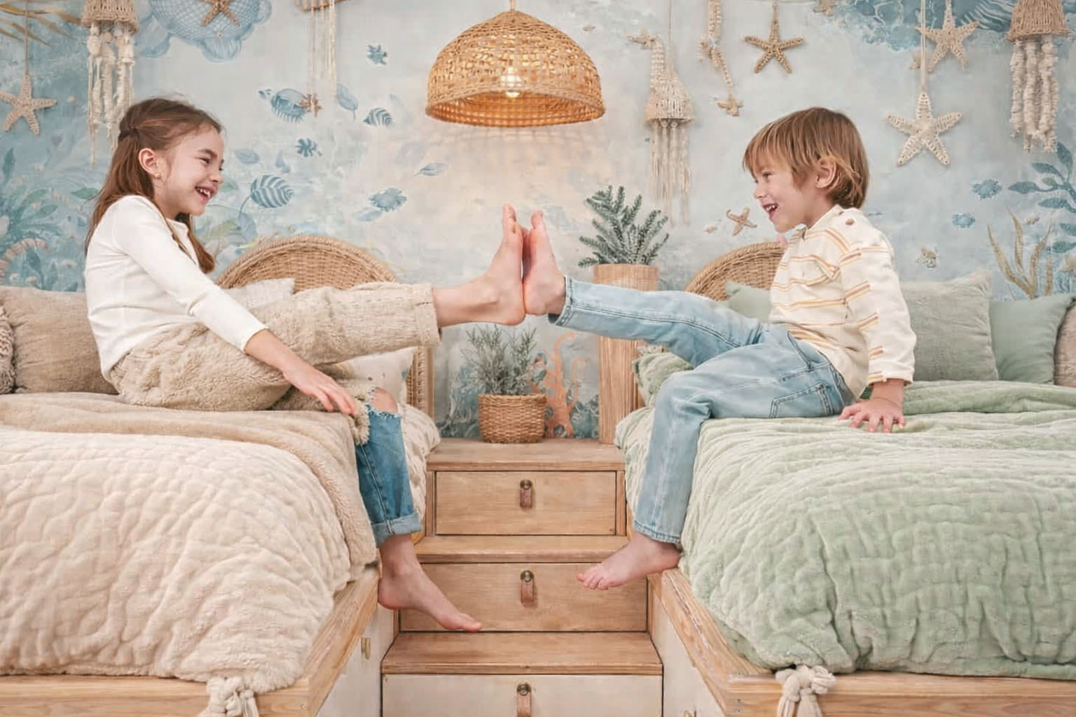 ALT (riche SEO) Deux enfants assis face à face sur leurs lits jumeaux avec housses de couette beige et vert clair, dans une chambre bohème inspirée du monde sous-marin, illustrant la complicité entre frère et sœur dans une chambre partagée.