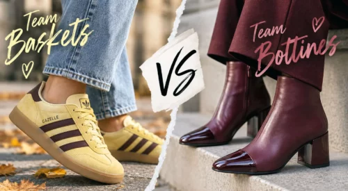 Baskets Gazelle jaunes face à des bottines bordeaux pour un match mode femme automne-hiver 2026-2027