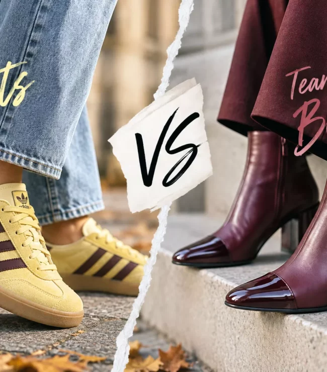 Baskets Gazelle jaunes face à des bottines bordeaux pour un match mode femme automne-hiver 2026-2027