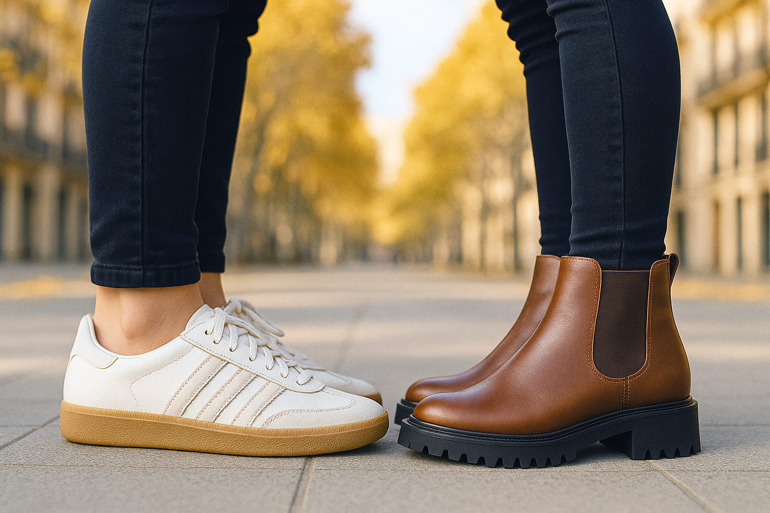 Comparatif de chaussures entre deux femmes : sneaker crème à semelle gomme face à une bottine Chelsea en cuir marron, dans une ambiance urbaine et automnale.