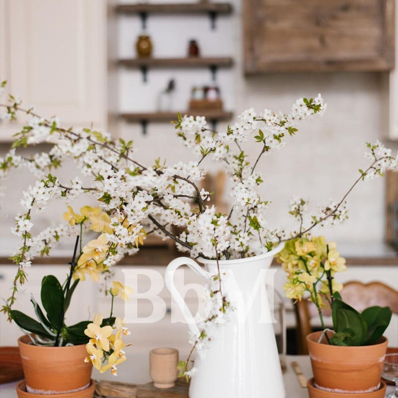 decoration interieur printemps maison fraicheur lumiere plante fleurs cuisine creative bien etre bebymaman Bouquet de branches fleuries et orchidées jaunes dans une cuisine lumineuse, ambiance déco printanière et naturelle.