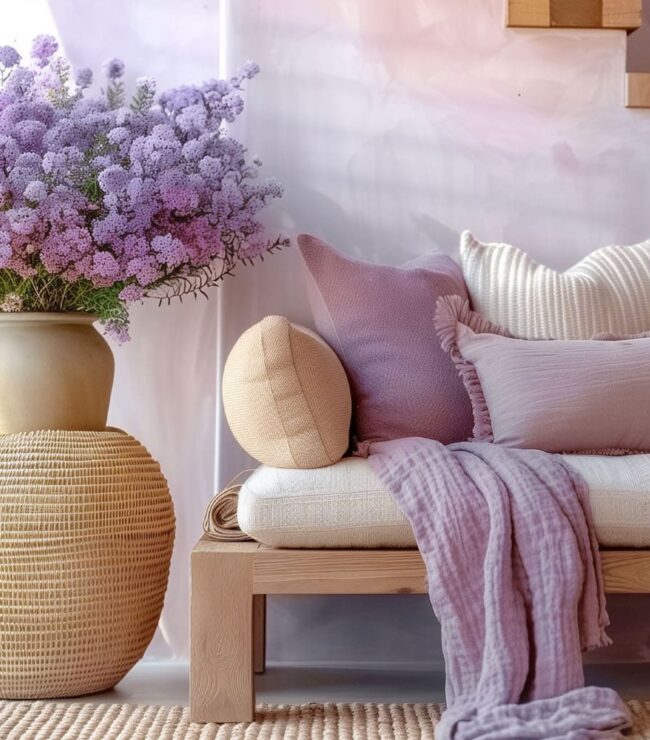 Intérieur lumineux aux tons lavande avec un grand bouquet printanier, un banc en bois clair et des coussins pastel dans une ambiance douce et apaisante.