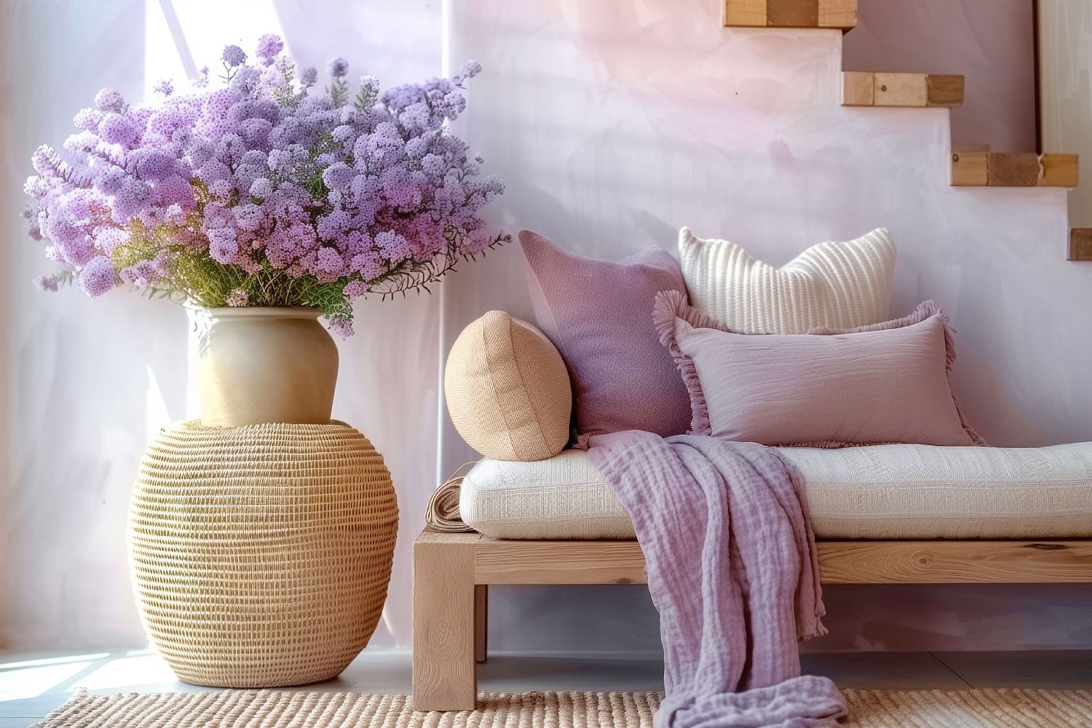 Intérieur lumineux aux tons lavande avec un grand bouquet printanier, un banc en bois clair et des coussins pastel dans une ambiance douce et apaisante.