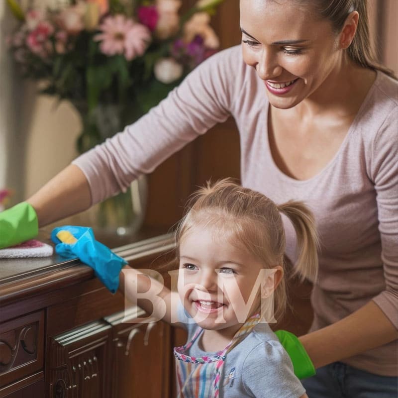 menage de printemps en famille mere fille bebymaman Mère et petite fille en train de dépoussiérer un meuble ensemble, un moment complice pendant le ménage de printemps.