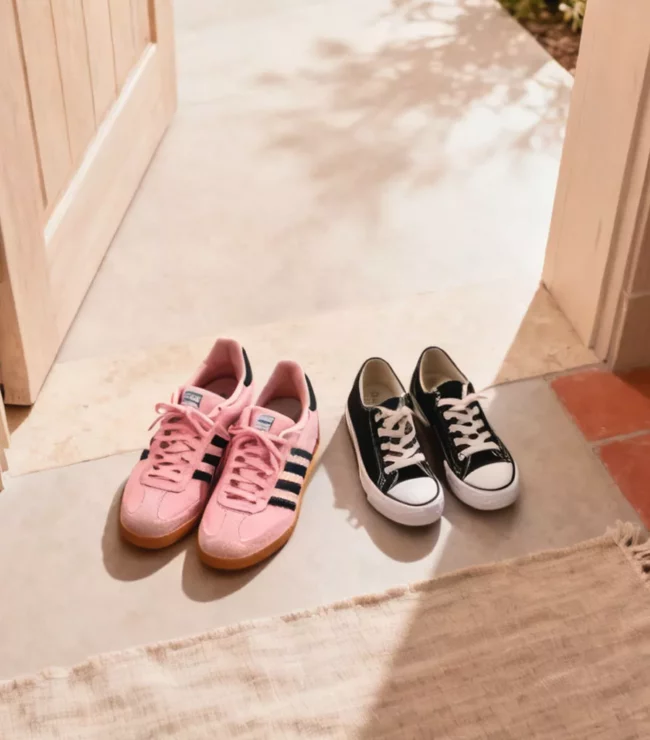Deux paires de chaussures, celles d'une mère et de sa fille, déposées côte à côte près d'une porte ouverte baignée de lumière, symbole de la relation mère-fille, de la transmission et du chemin parcouru ensemble.