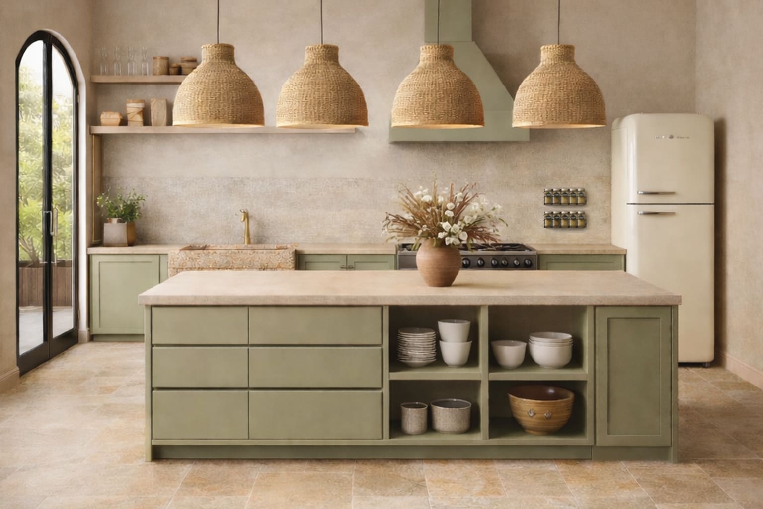 Cuisine du Sud-Ouest revisitée avec îlot central vert olive, suspensions en osier et ambiance minérale