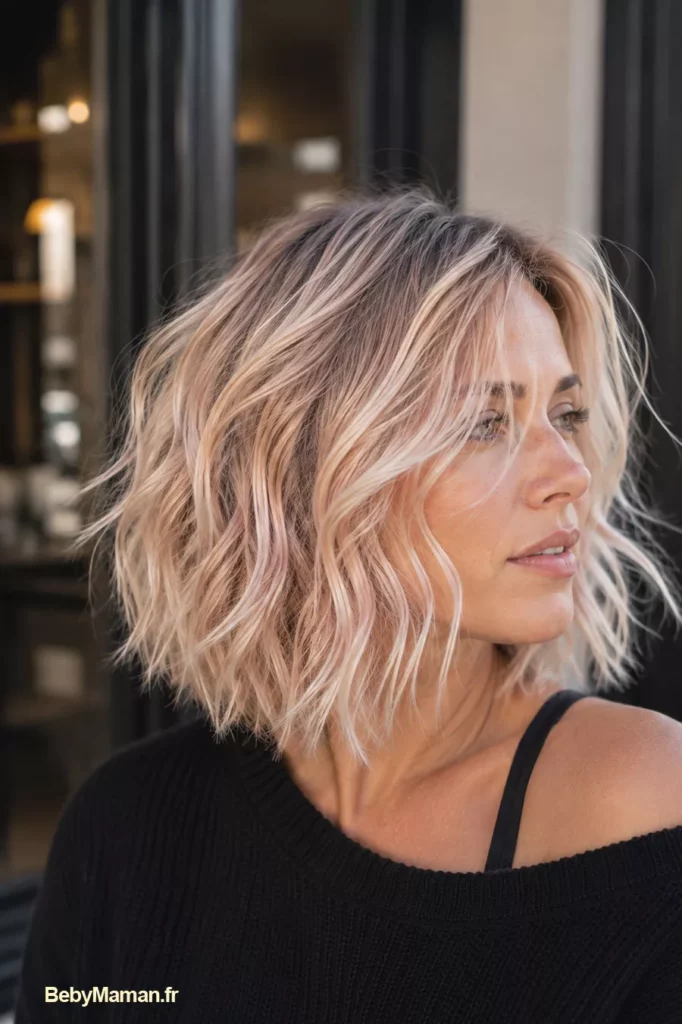 beige cheveux coupe carre blond ondule boucle femme ville citadin wavy tendance inspiration Carré plongeant wavy blond beige rosé sur une femme de 35 ans, coiffure courte ondulée naturelle avec effet coiffé-décoiffé, tendance rentrée 2026 – Be by Maman