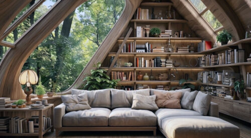 bibliothèque mentale salon cosy bois nature intérieur apaisant sommeil détente slow