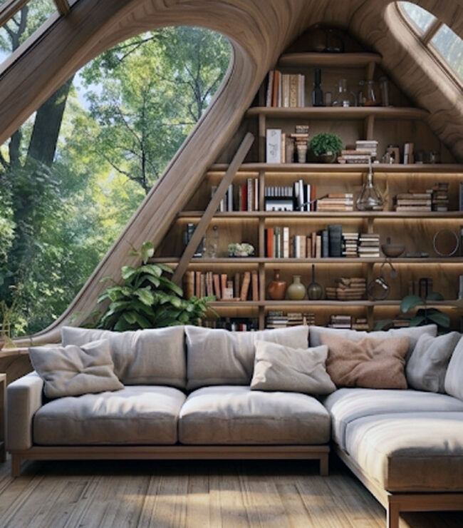 bibliothèque mentale salon cosy bois nature intérieur apaisant sommeil détente slow