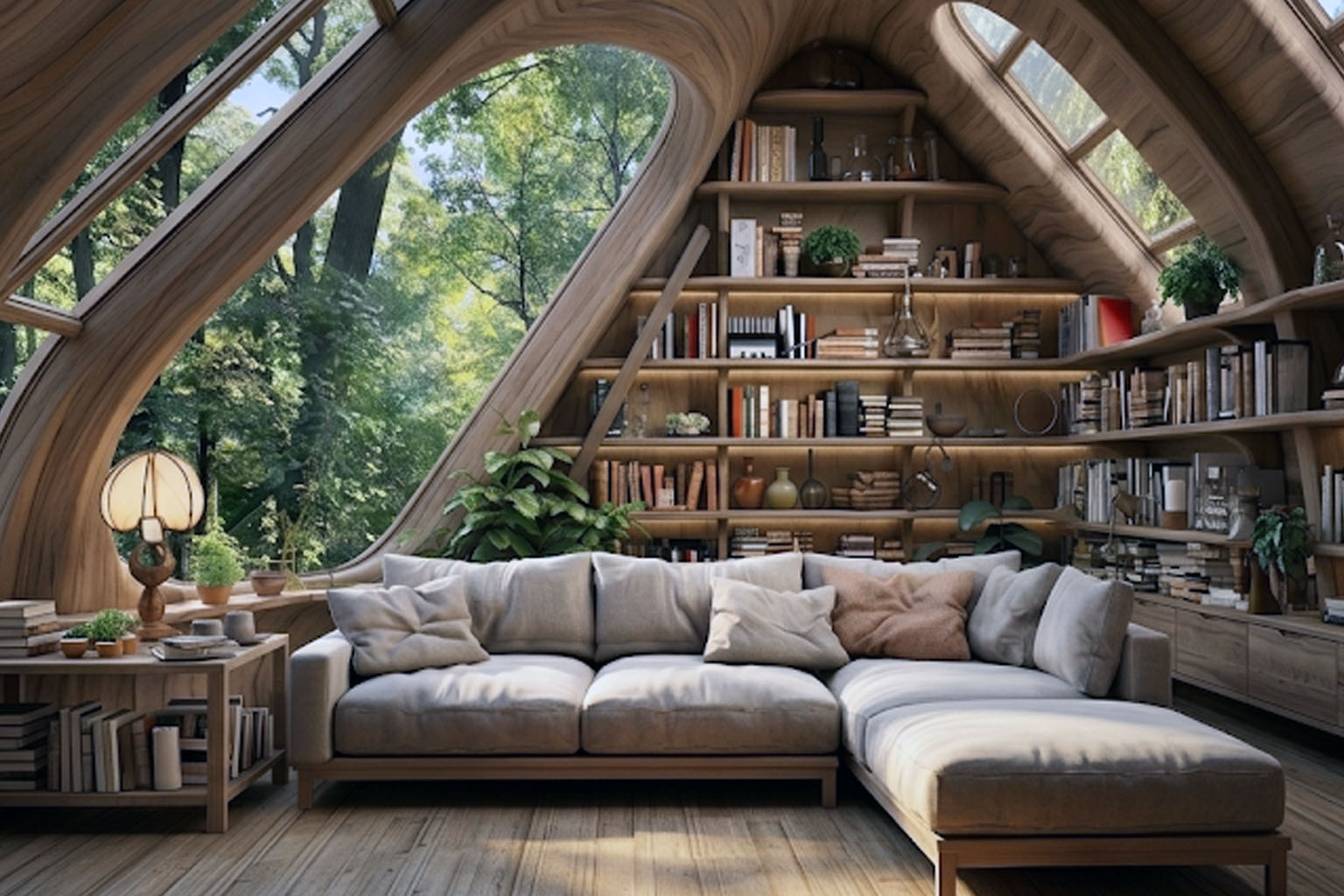 bibliothèque mentale salon cosy bois nature intérieur apaisant sommeil détente slow