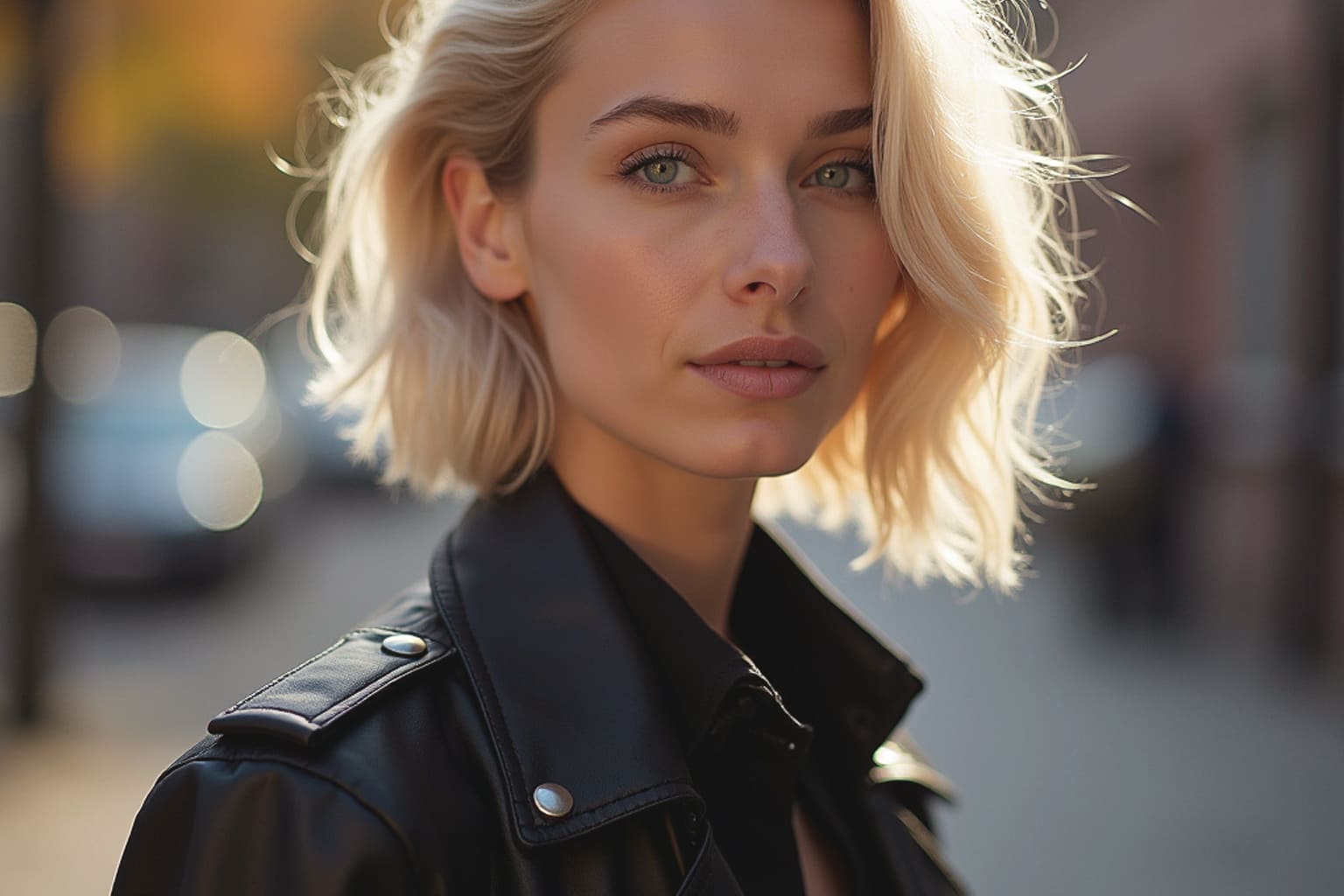 coupe cheveux femme moderne blond carre plongeant wavy ondulation cheveux fins belle fille citadin veste cuir noire style casual rock
