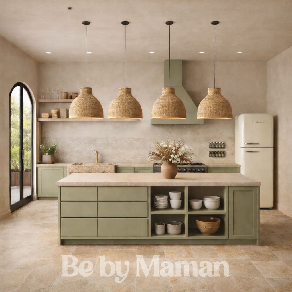 cuisine inspiration sud ouest france amenagement ilot central decoration bebymaman Cuisine du Sud-Ouest revisitée avec îlot central vert olive, suspensions en osier et ambiance minérale
