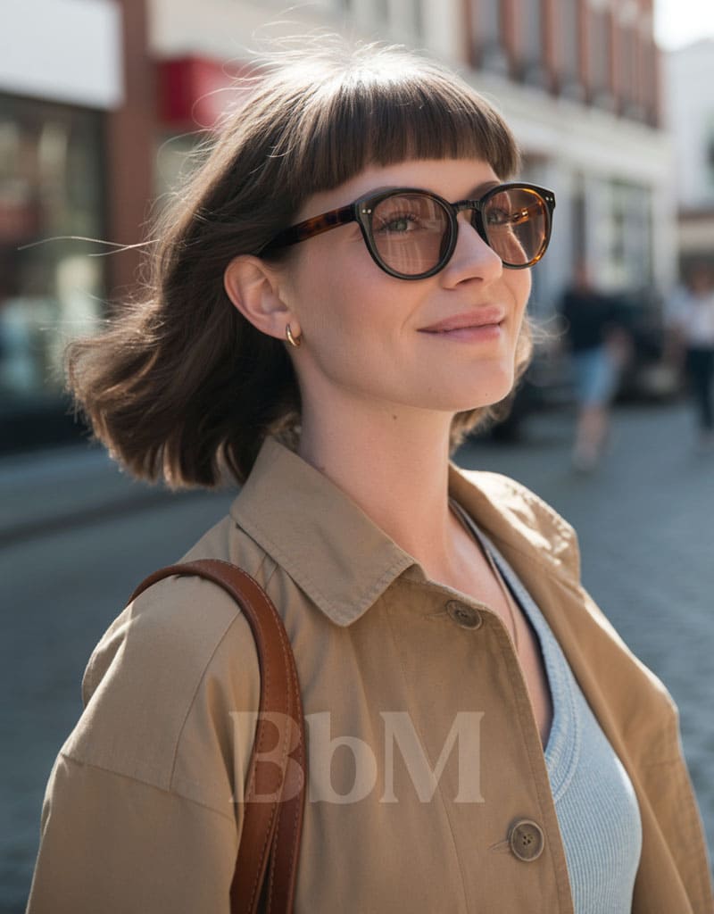 carre lunettes de vue teintees verres photochromique look mode femme bebymaman Femme quadra en trench beige avec lunettes de vue photochromiques teintées marron en look urbain affirmé