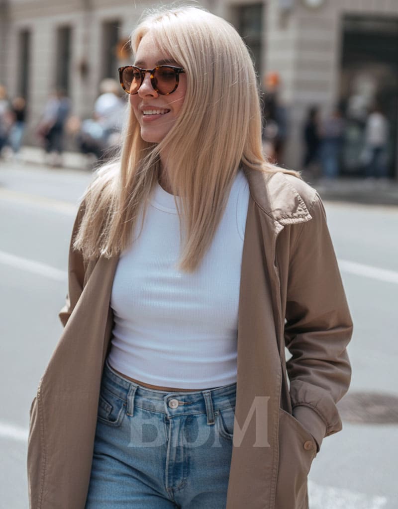 casual lunettes de vue teintees verres photochromique look mode femme bebymaman Femme blonde en jean et t-shirt blanc portant des lunettes de vue photochromiques style casual chic