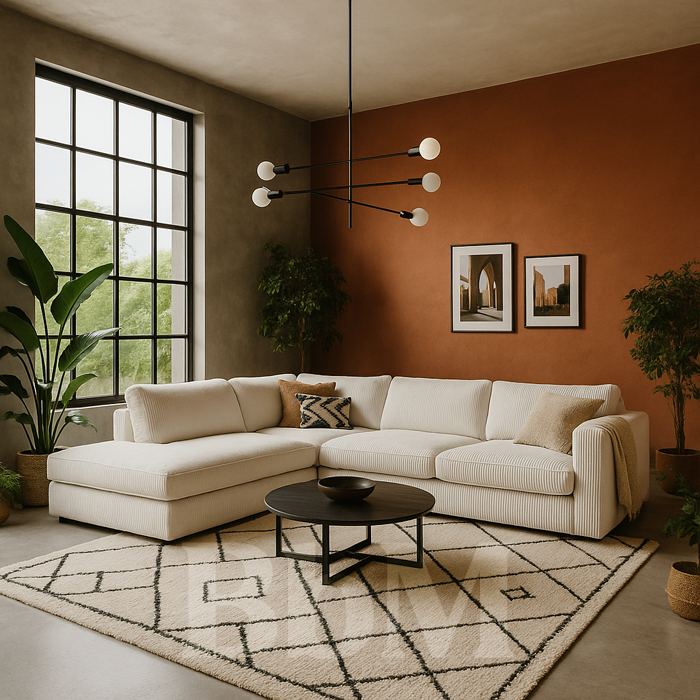 Salon bohème industriel avec canapé blanc d’angle, verrière noire, mur terracotta, tapis berbère et plantes vertes.