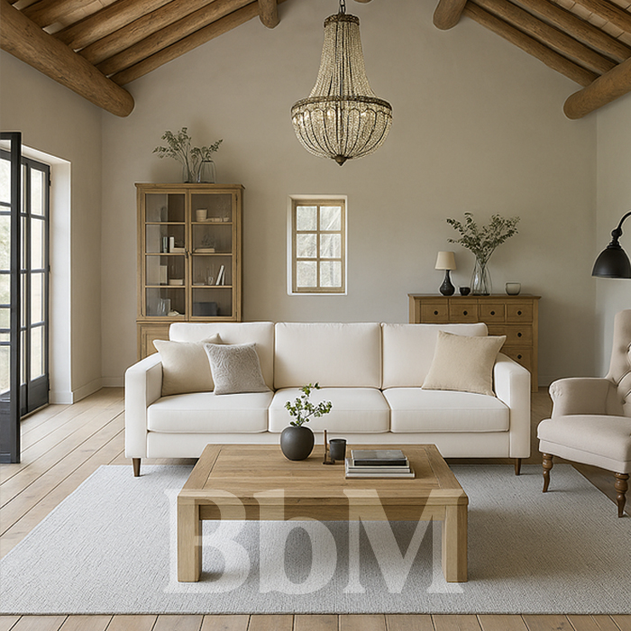 Salon rustique chic avec canapé blanc droit, plafond à poutres apparentes, mobilier en bois brut et tapis moderne.


