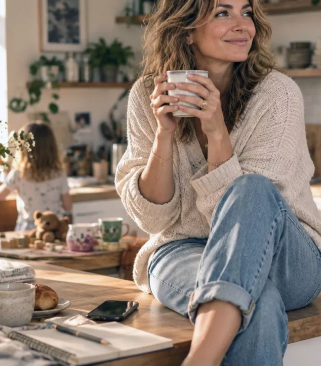 Maman quadra prenant du temps pour elle dans sa cuisine, illustration du coaching slow et du slow living