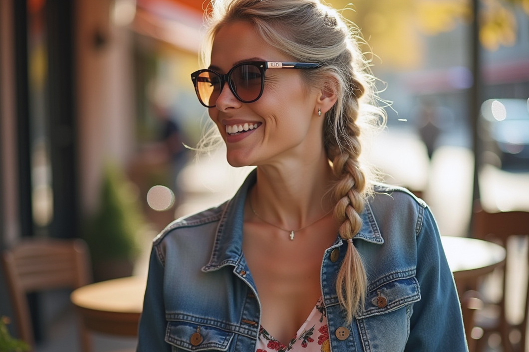 Femme souriante dans un café, portant des lunettes de vue photochromiques avec style et assurance