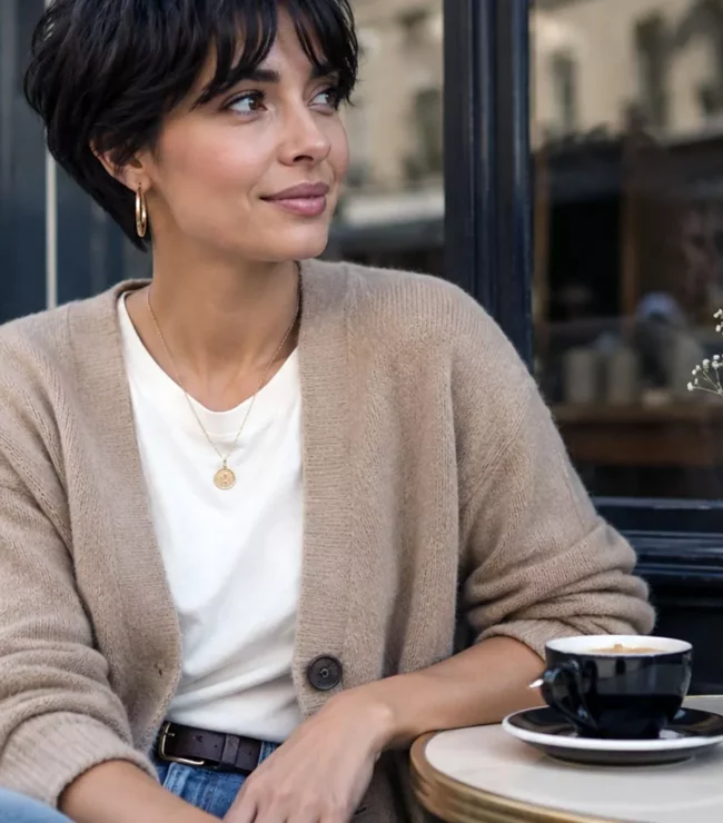 Femme avec une coupe pixie et une frange rideau, look chic et naturel, prenant un café en terrasse dans une ambiance urbaine élégante.