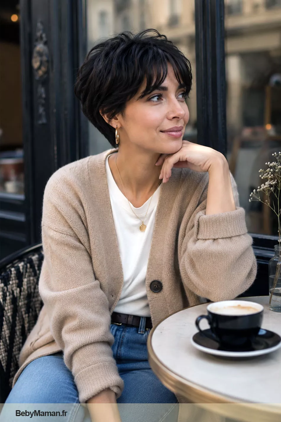 frange rideau pixie femme style chic coupe courte naturelle cafe be by maman Femme portant une coupe pixie avec frange rideau dans un style chic et naturel, assise à la terrasse d'un café avec un look casual élégant.