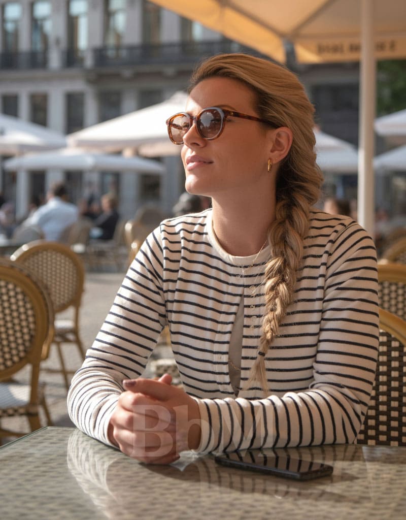 mariniere lunettes de vue teintees verres photochromique look mode femme bebymaman Femme en marinière portant des lunettes de vue photochromiques teintées en terrasse de café