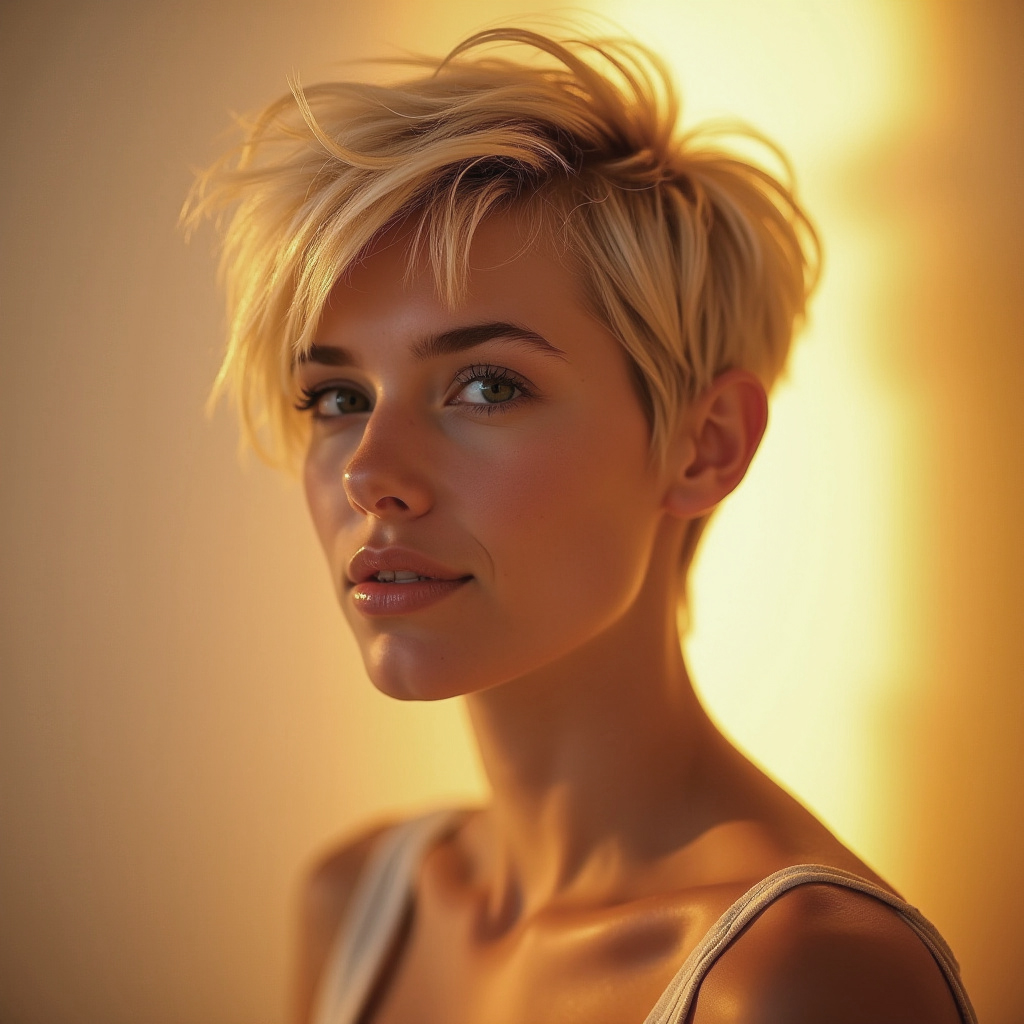 Coupe pixie méchée avec reflets lumineux blond miel ou cuivré
