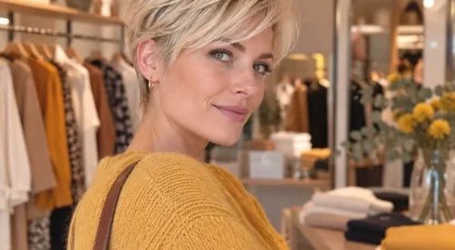 Femme blonde de 35 ans avec coupe pixie courte dans une boutique, portant un pull jaune moutarde