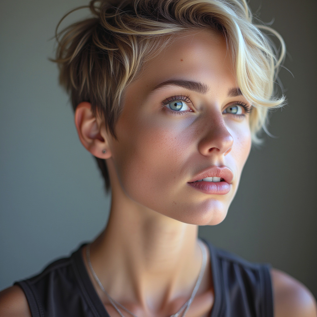 Coupe pixie flou naturel avec frange souple et texture légère