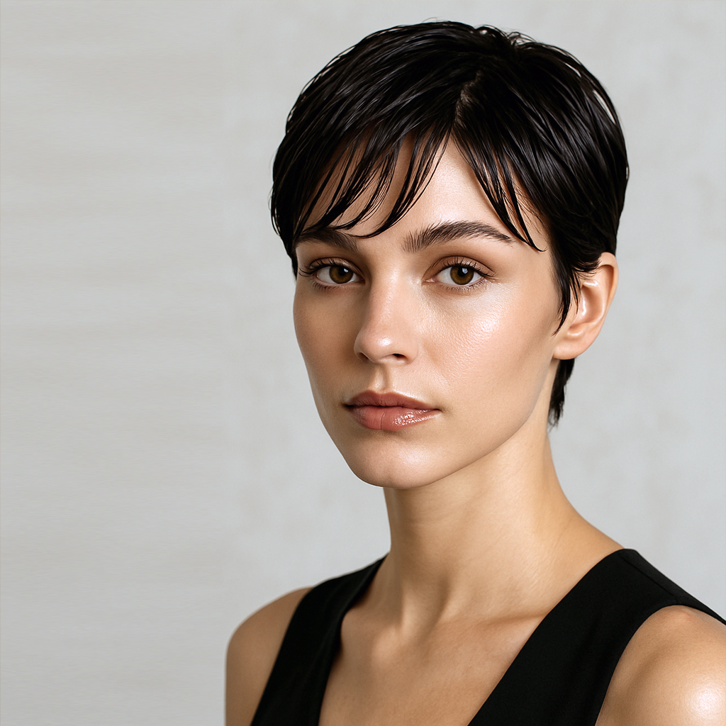 Pixie effet wet chic plaqué avec finition brillante et coiffage sophistiqué