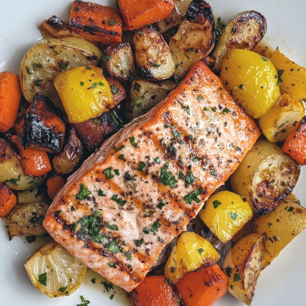 repas du mercredi dejeuner enfant recette facile poisson pomme de terre carotte bebymaman Filet de saumon avec pommes de terre et carottes rôties au four
