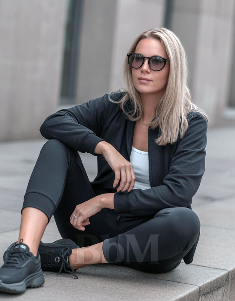 sportwear lunettes de vue teintees verres photochromique look mode femme bebymaman Femme en tenue sport noire avec lunettes de vue photochromiques teintées style sportwear chic