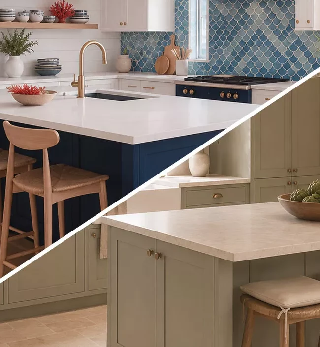 Comparatif décoration cuisine bord de mer et cuisine rustique chic avec îlot central, mettant en opposition une ambiance marine lumineuse et un esprit campagne provençale contemporain.