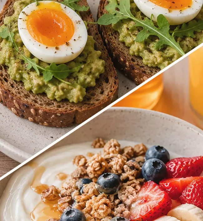Battle petit déjeuner salé contre petit déjeuner sucré avec tartines avocat et œufs mollets d'un côté, bol de yaourt, granola et fruits frais de l'autre, pour comparer deux façons populaires de commencer la journée.