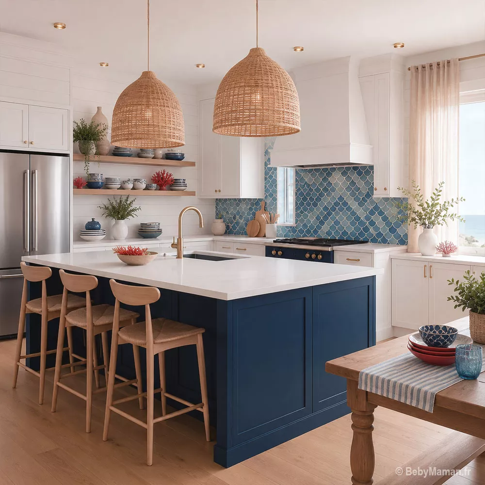 cuisine bord de mer decoration interieur bebymaman Cuisine bord de mer avec îlot bleu marine, faïence écaille bleu azur, luminaires en rotin XXL, parquet en chêne clair et décoration inspirée du littoral.
