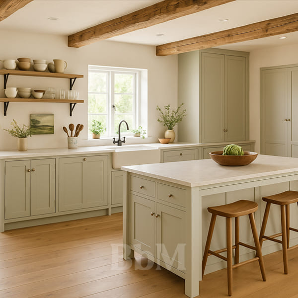 decoration cuisine interieur campagne rustique chic contemporain meuble vert parquet poutre apparente
