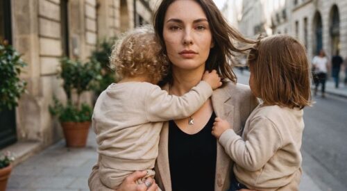 Maman moderne portant deux enfants dans ses bras en pleine rue, expression déterminée et regard intense, symbole de la charge mentale et de la femme multifacette