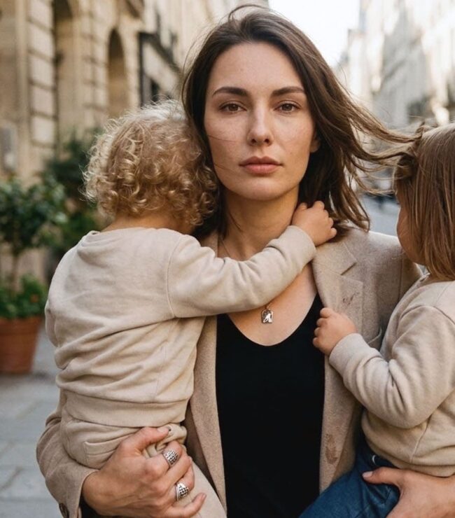 Maman moderne portant deux enfants dans ses bras en pleine rue, expression déterminée et regard intense, symbole de la charge mentale et de la femme multifacette