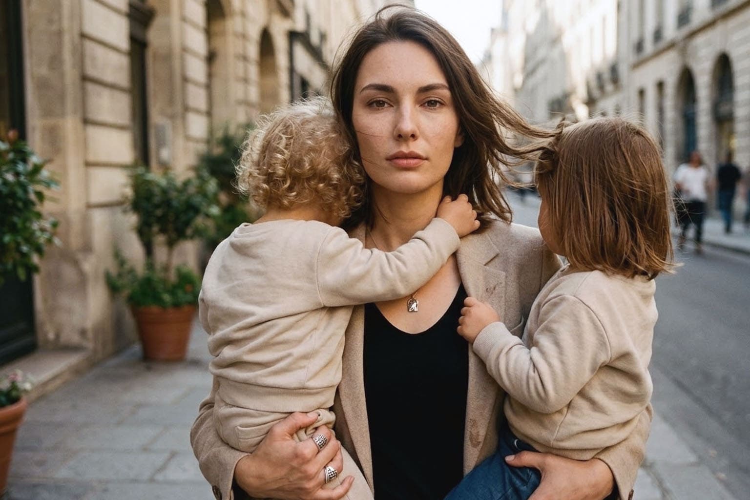 Maman moderne portant deux enfants dans ses bras en pleine rue, expression déterminée et regard intense, symbole de la charge mentale et de la femme multifacette