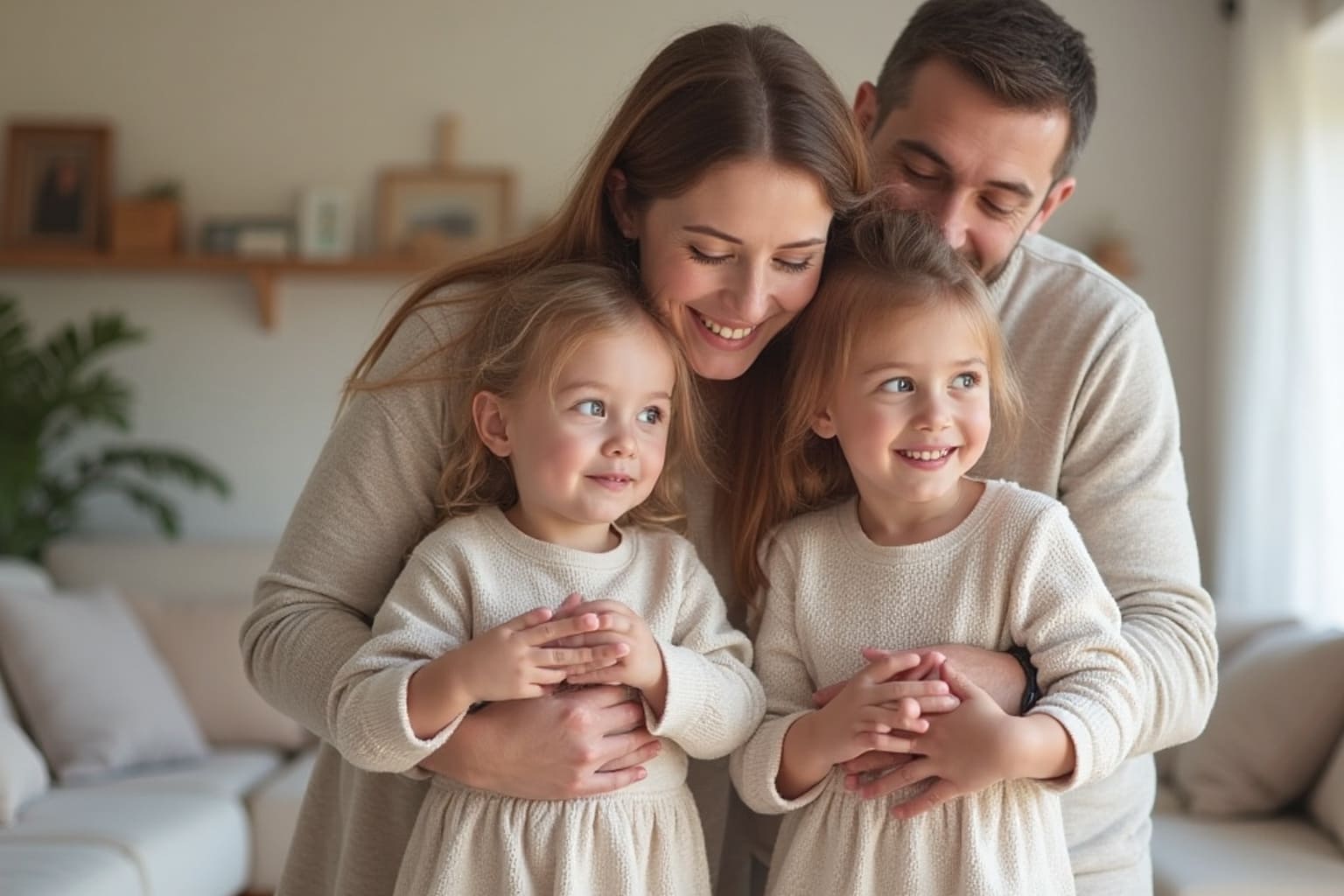 Famille heureuse et épanouie dans une maison conviviale avec la maman, le papa et deux petites filles, comme des jumelle