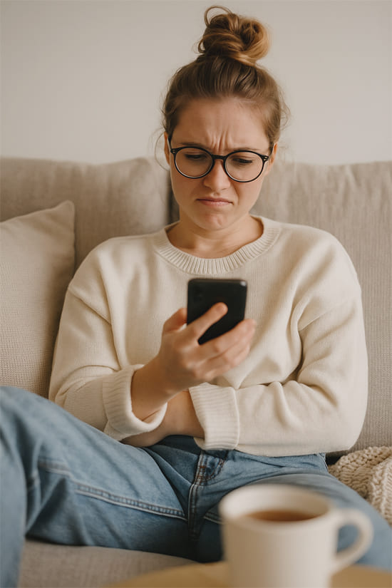 Femme frustrée en train de scroller sur son téléphone, assise dans un salon bohème chic, symbole de la surcharge mentale liée aux réseaux sociaux
