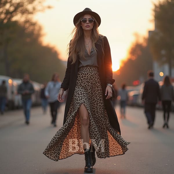 Femme bohème rock en jupe longue léopard fendue, blouse grise, veste noire satinée, bottines noires et chapeau