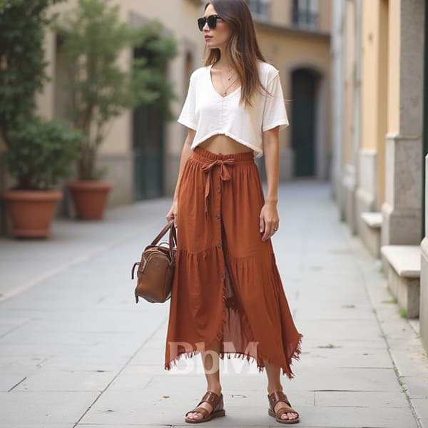 Look bohème edgy avec jupe longue asymétrique terracotta, crop top blanc en lin et accessoires en cuir